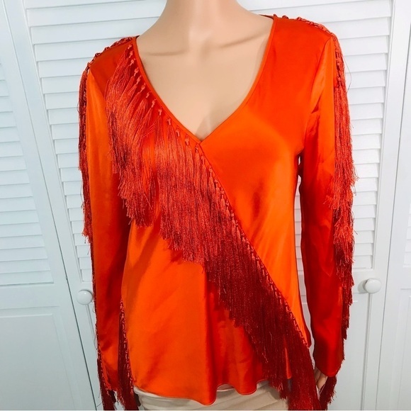 DIANE VON FURSTENBERG Tangerine V-Neck Fringe Blouse Size 8 - Picture 3 of 9